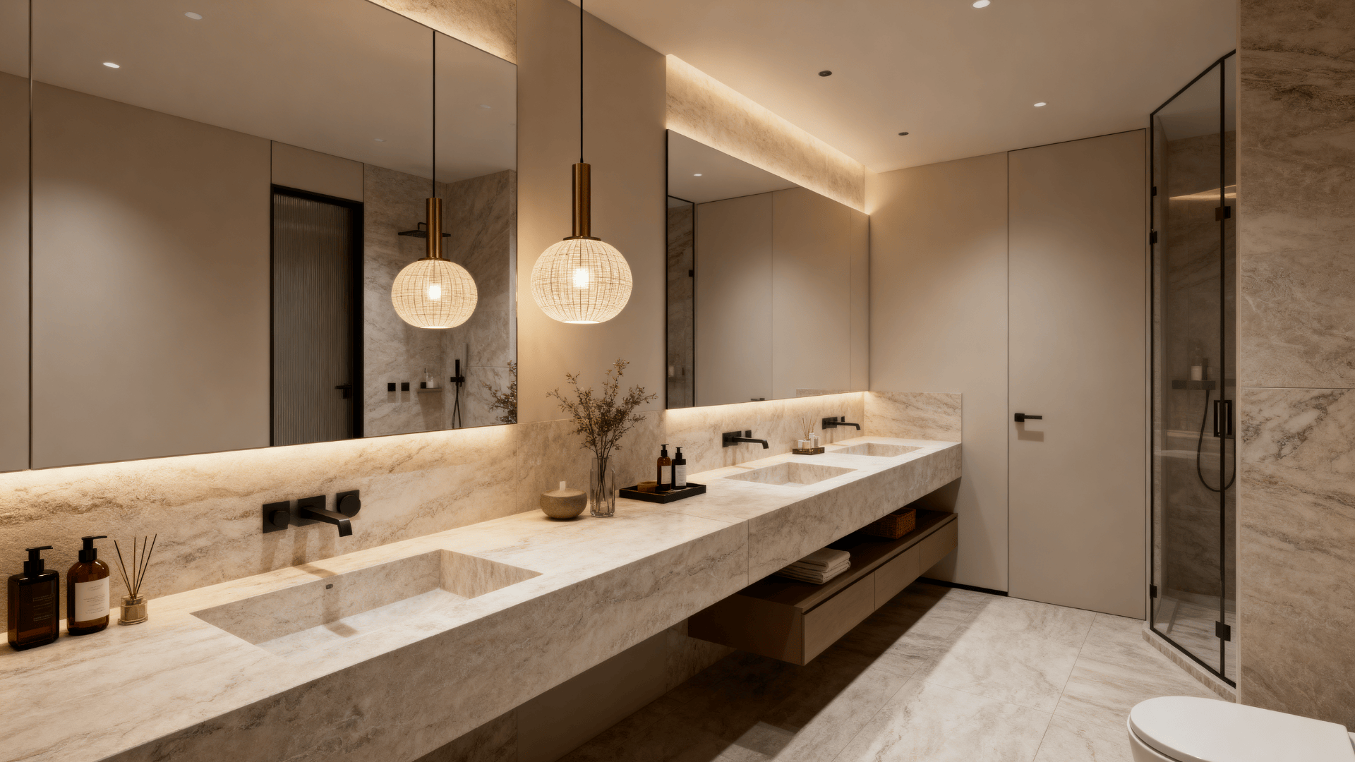 Luxury bathroom with double vanity, marble countertop, pendant lighting, large mirror, walk-in shower, and warm ambient lighting creating a spa-like feel (1)