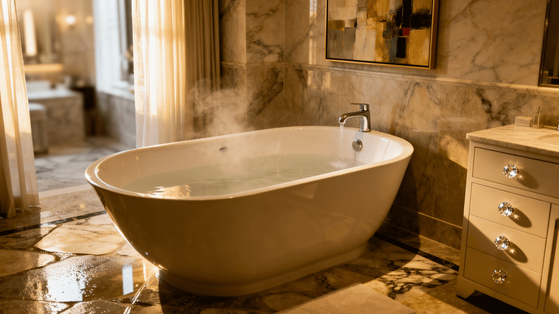 Luxury bathroom with freestanding tub, marble walls, warm lighting, running water, steam, and elegant decor with artwork and soft curtains