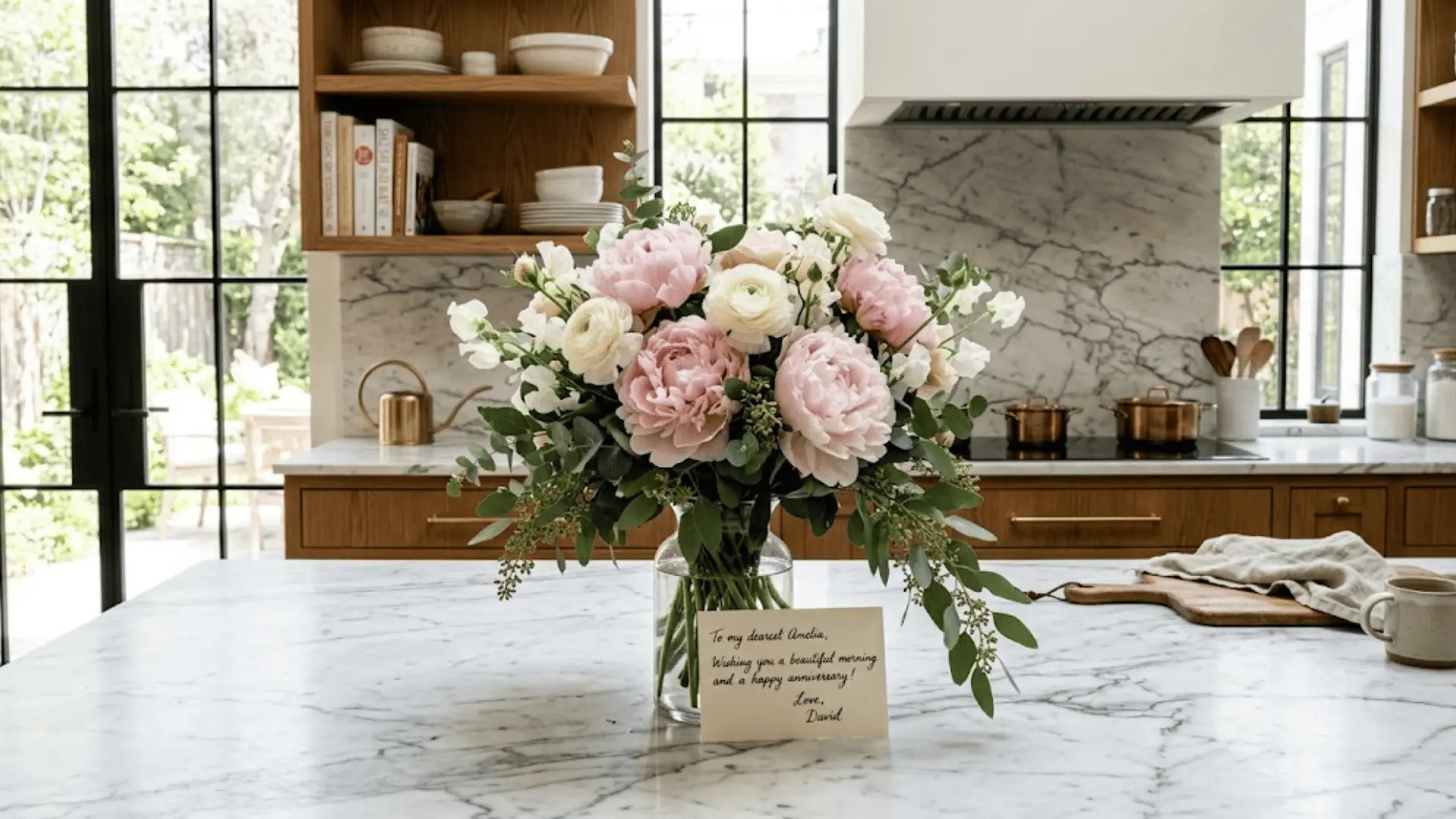 luxury bouquet of blush peonies and eucalyptus on marble island with cream handwritten note in morning light