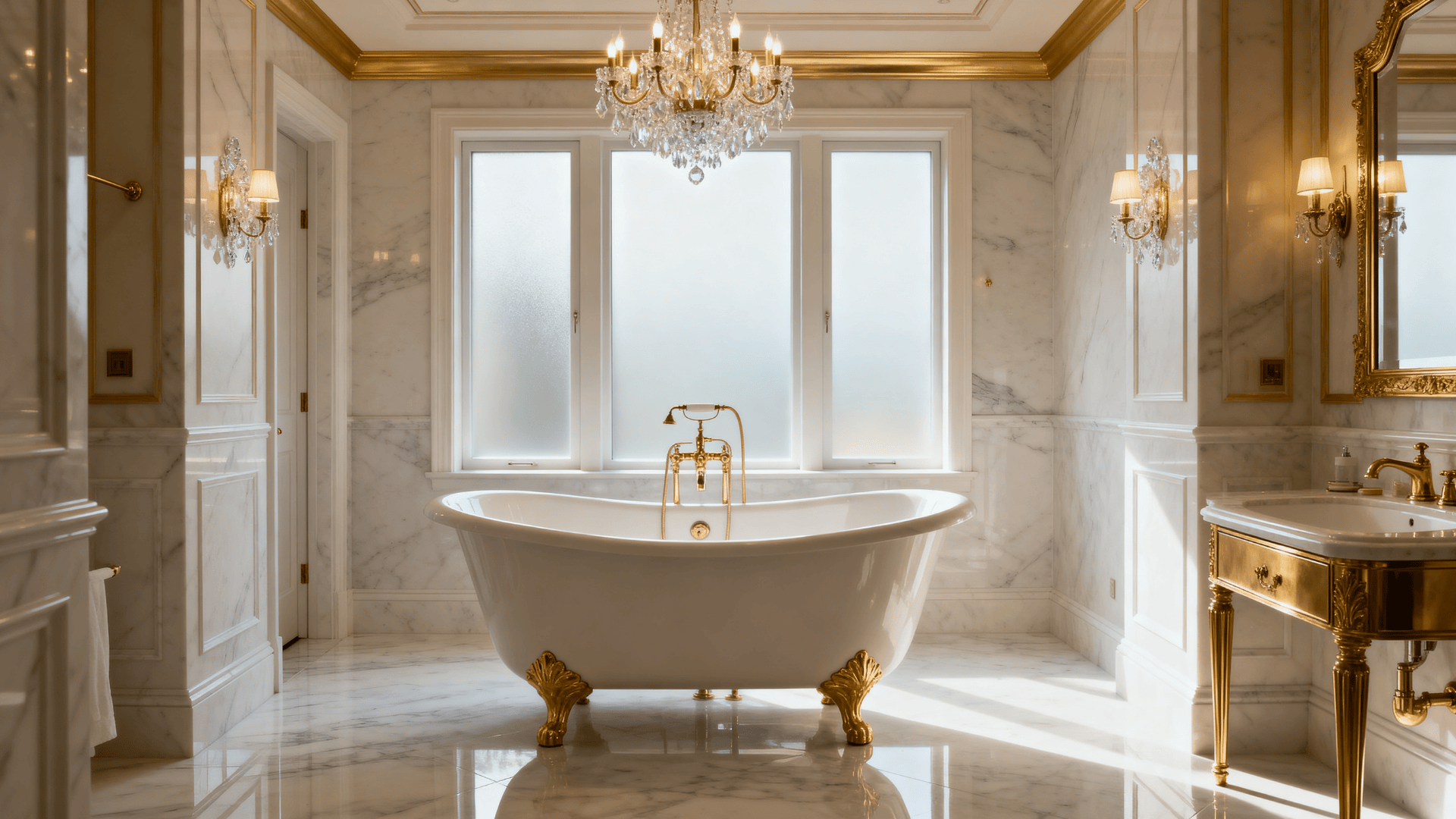 Luxury marble bathroom with freestanding clawfoot tub, gold fixtures, chandelier, large frosted windows, and elegant classic design details