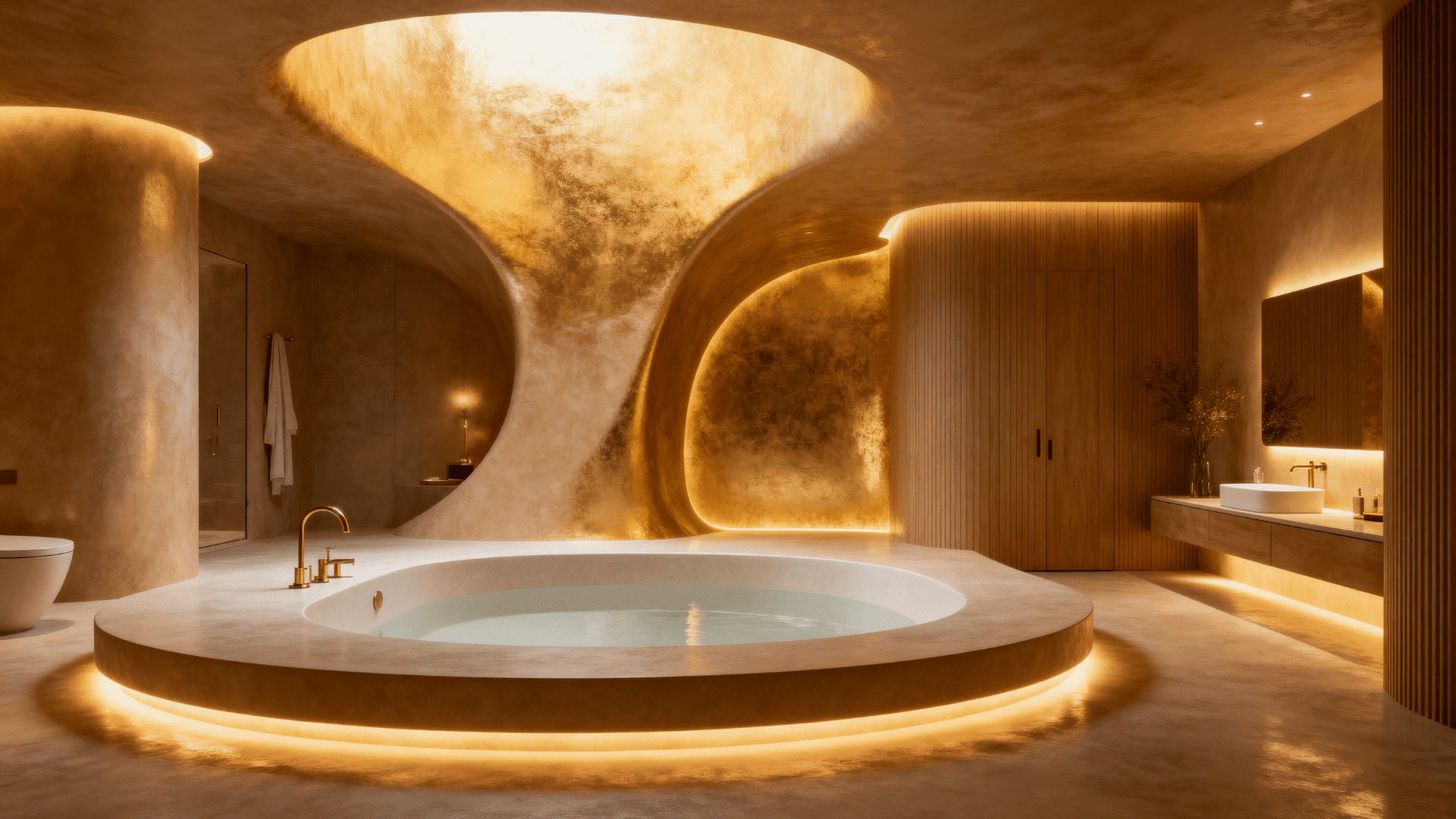 Luxury spa-style bathroom with sunken circular tub, sculpted walls, warm ambient lighting, floating vanity, and a serene, high-end design aesthetic