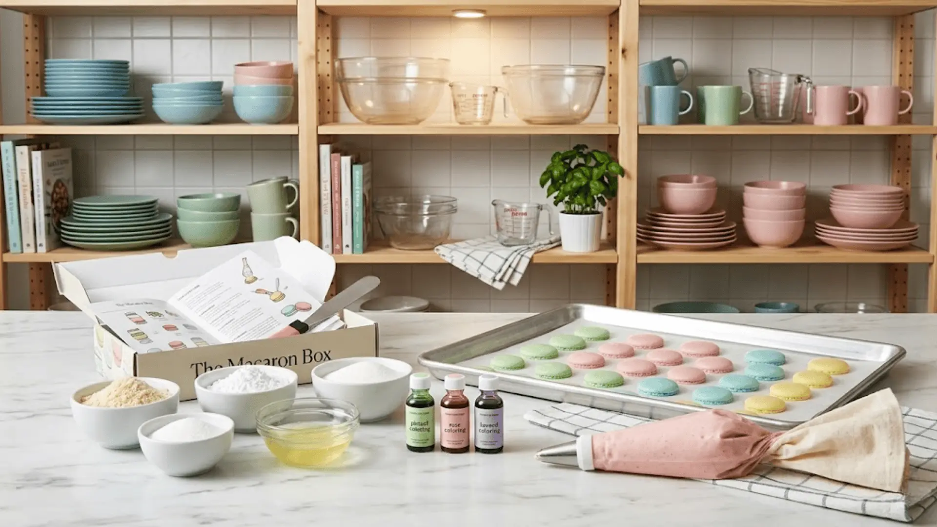 macaron baking kit on marble counter with almond flour, pastel food colors, piping bag, and baking sheet