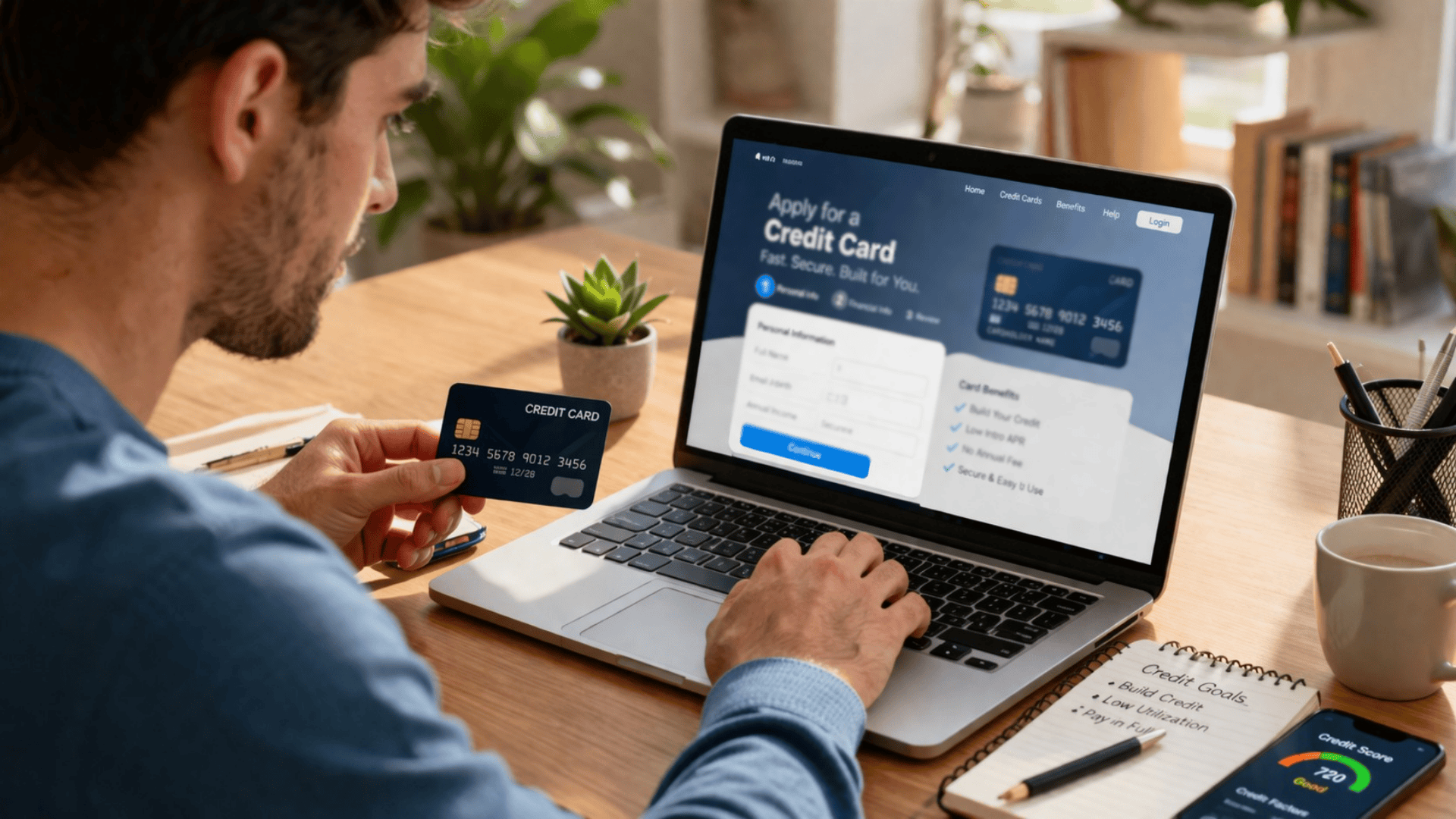 Man applying for credit card on laptop, holding card at desk with notebook, coffee, and credit goals in a bright home workspace