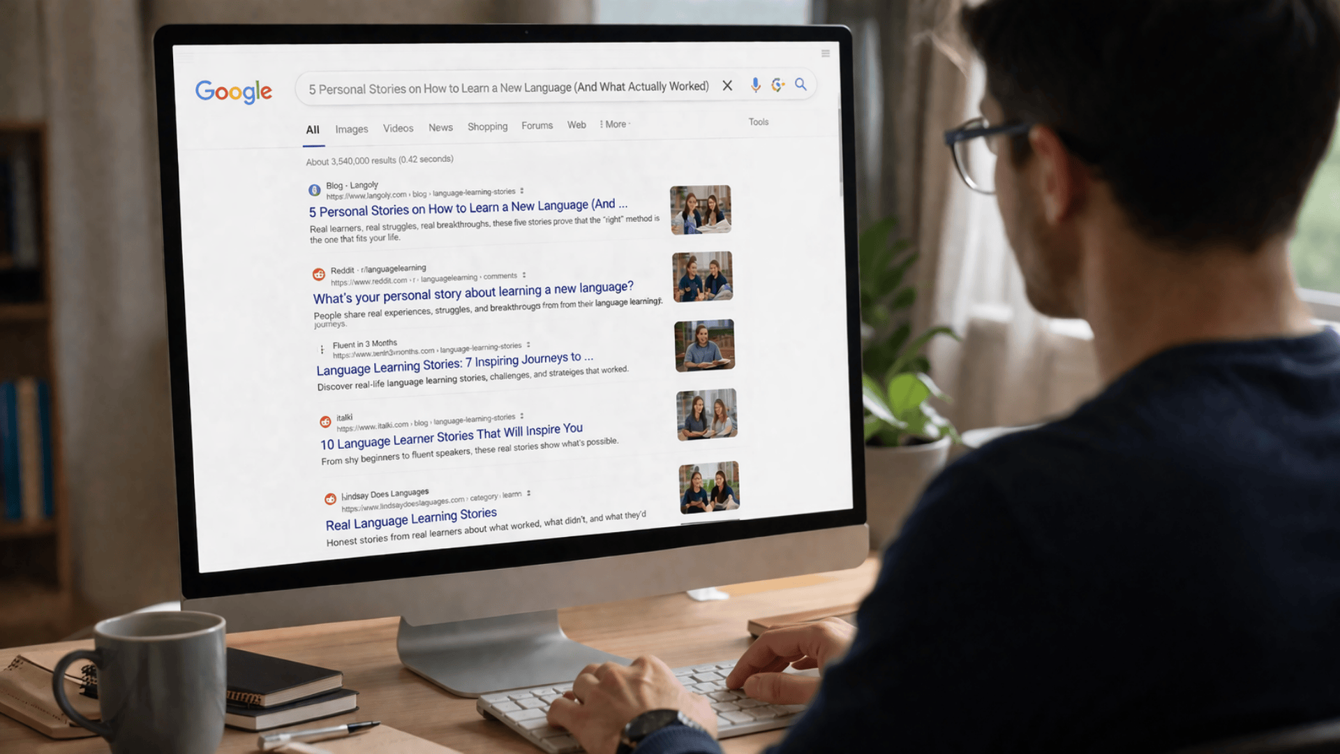 Man searching Google on desktop for language learning stories in a clean home office setup with books, coffee, and natural light