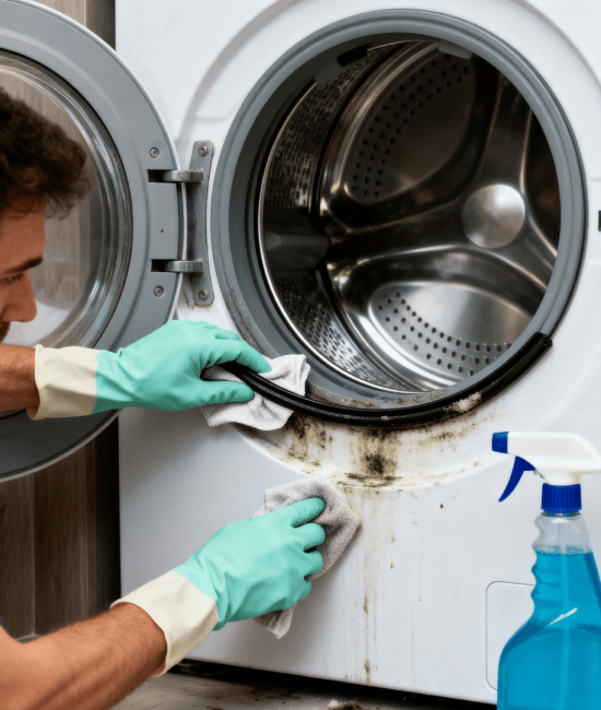 Man wearing gloves scrubbing mold from washing machine gasket, with cleaning supplies nearby in a modern laundry room.