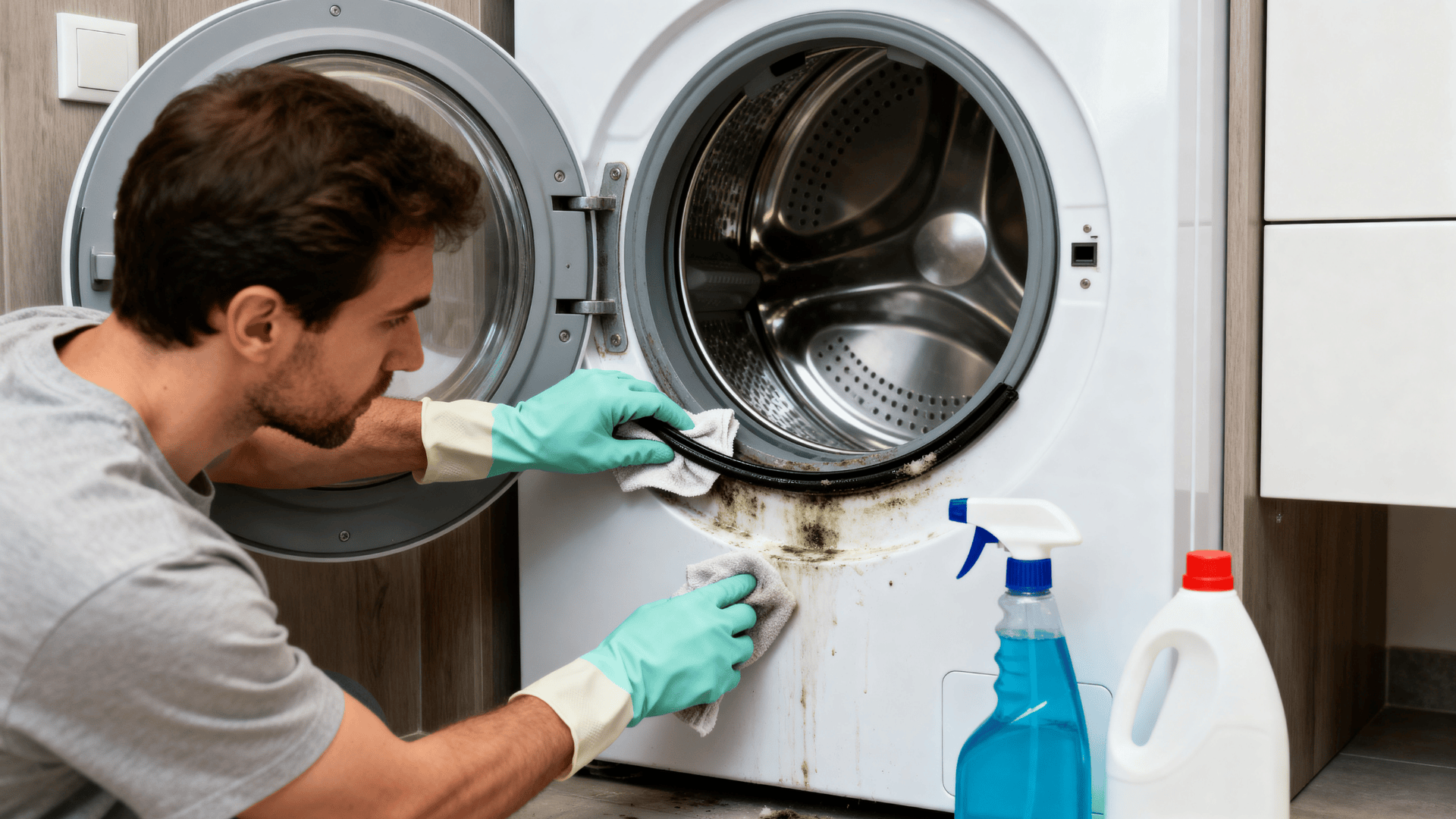Man wearing gloves scrubbing mold from washing machine gasket, with cleaning supplies nearby in a modern laundry room.