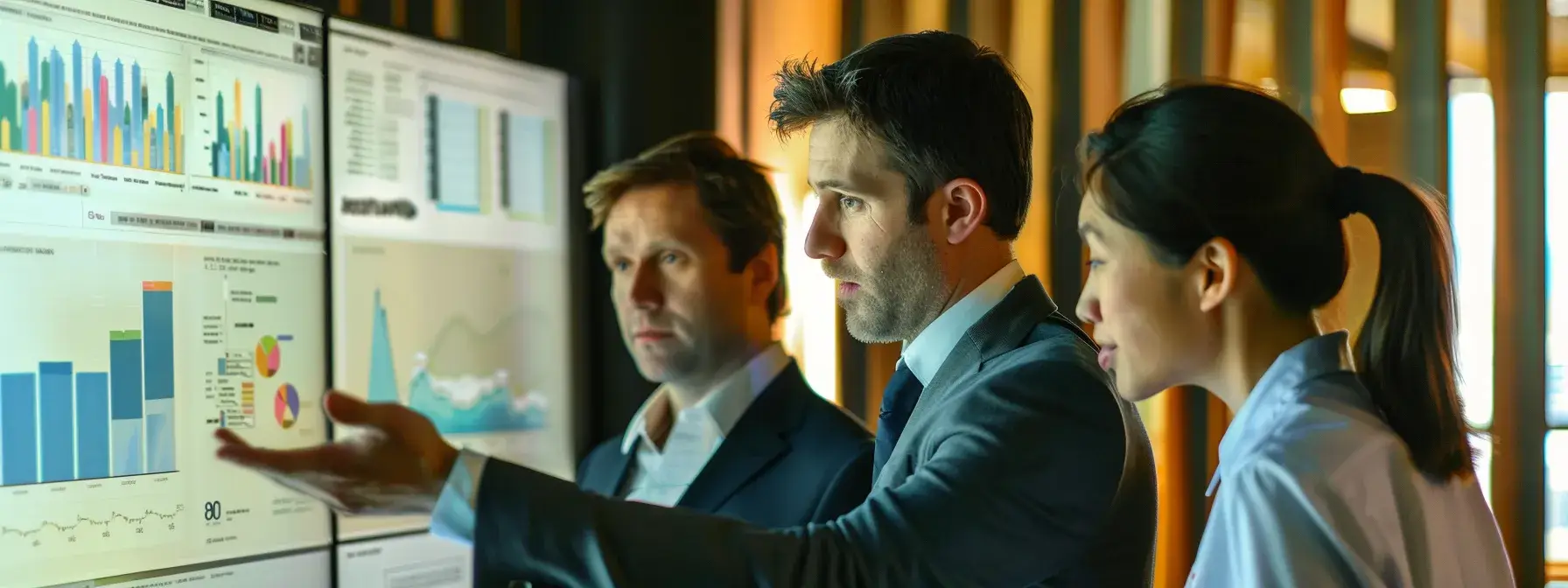 Three business professionals analyzing graphs on a large digital screen in a modern office setting