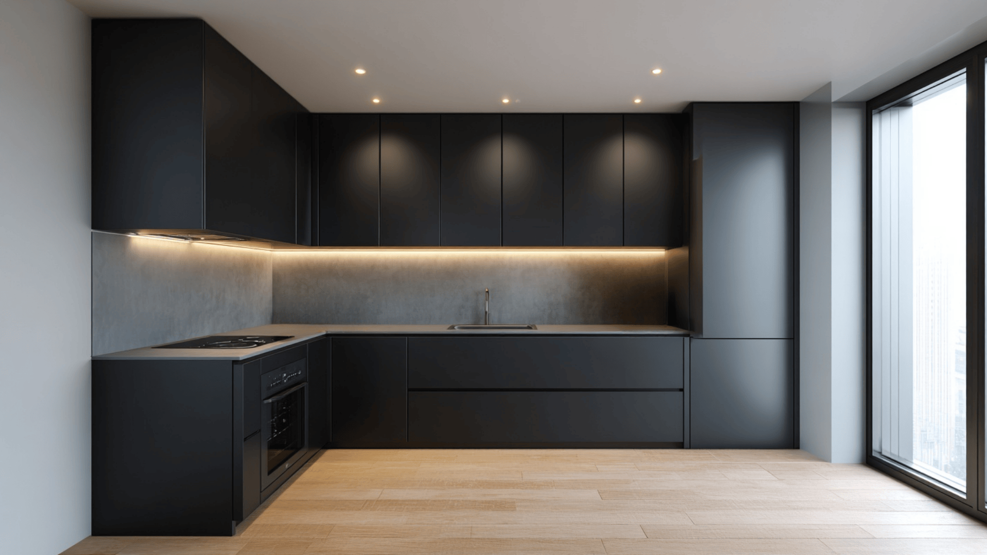 Matte black floor-to-ceiling cabinets in a sleek modern kitchen