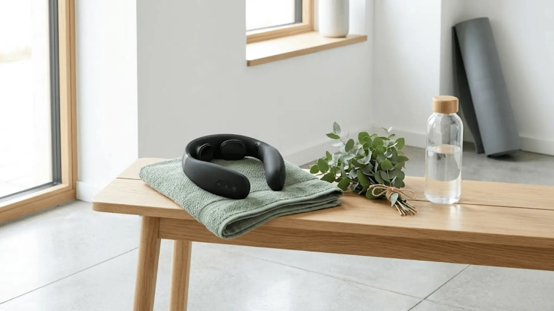 matte black neck massager on sage towel with eucalyptus and water bottle in minimal wellness room