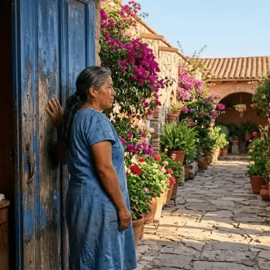 mexican woman standing in cobalt blue doorway looking out at a sunlit courtyard with bougainvillea in early morning
