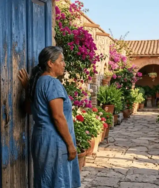 mexican woman standing in cobalt blue doorway looking out at a sunlit courtyard with bougainvillea in early morning