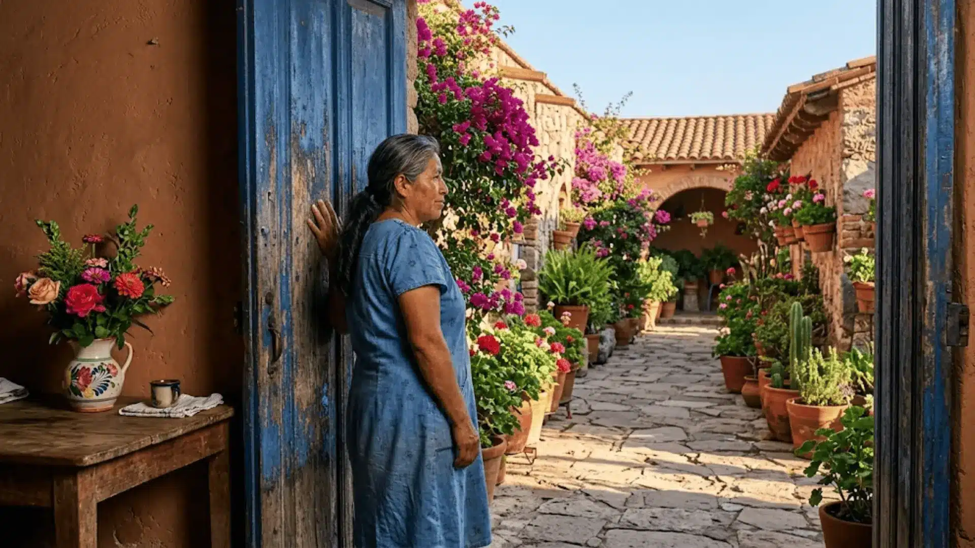 mexican woman standing in cobalt blue doorway looking out at a sunlit courtyard with bougainvillea in early morning