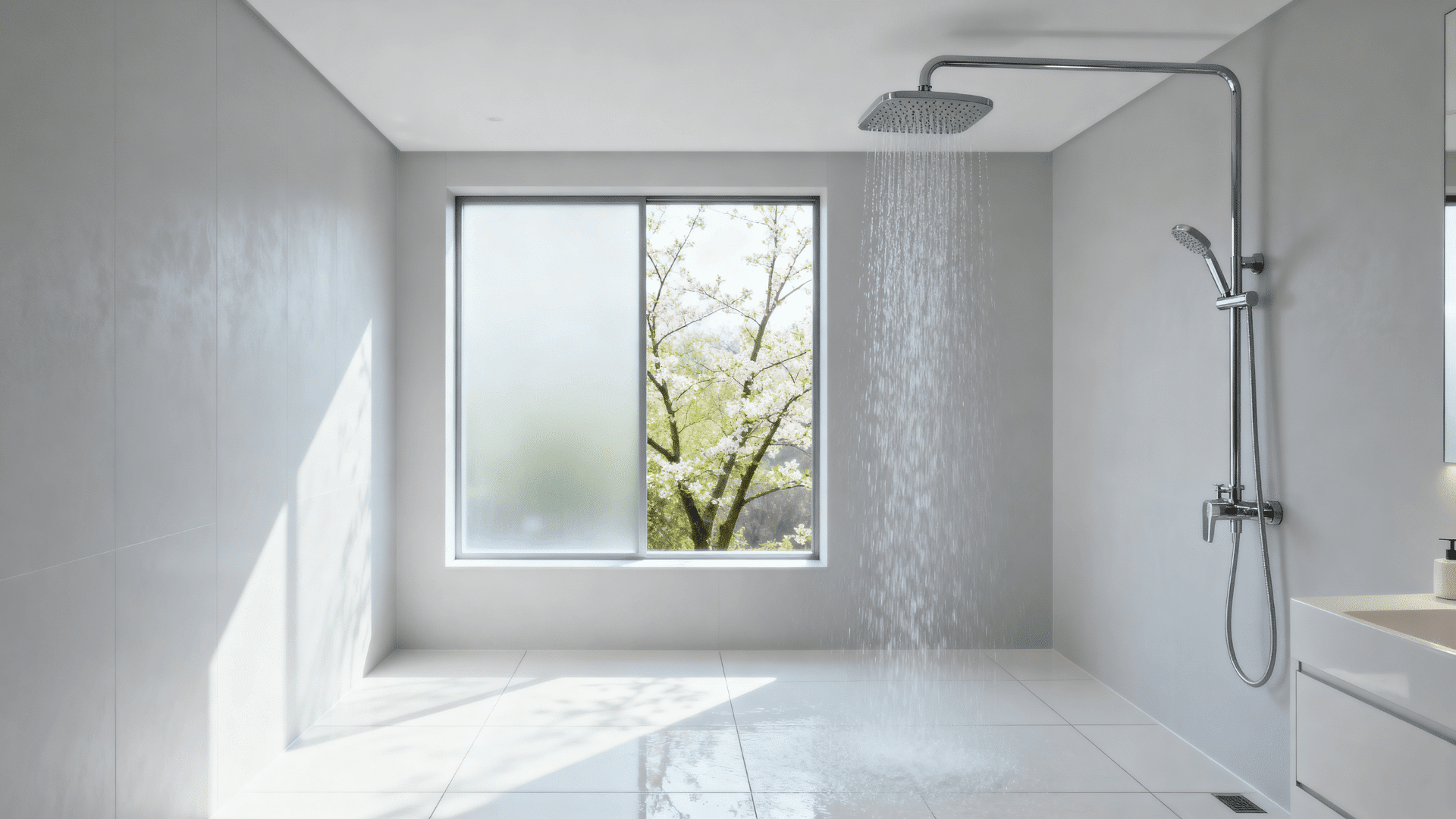 Minimalist bathroom with open shower, rainfall head, large frosted window, natural light, and sleek white tiles creating a clean, airy feel