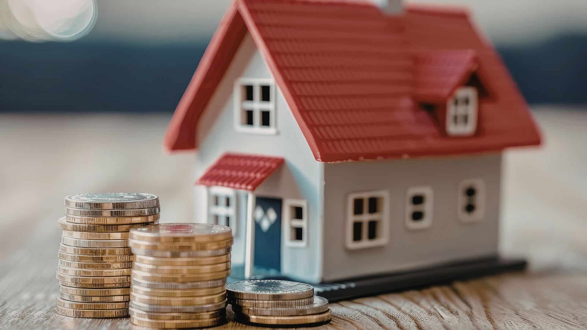 Model house with stacked coins showing savings concept, illustrating how to save money for a house and build funds for a future home purchase