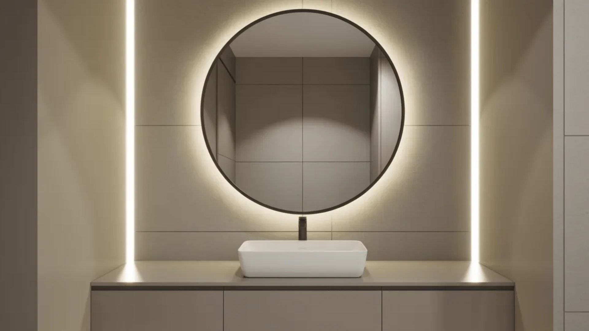 modern bathroom mirror with sleek black frame placed above vanity enhancing style while reflecting light to brighten the space