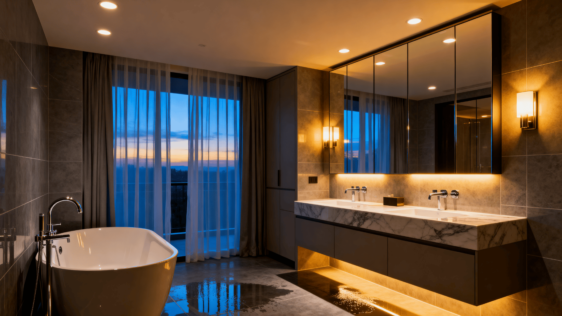 Modern bathroom with freestanding tub, double vanity, warm lighting, large mirror, and floor-to-ceiling window with evening view