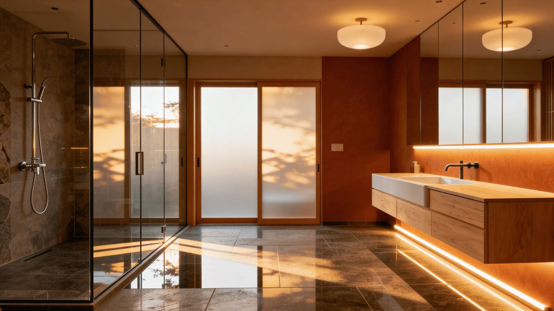 Modern bathroom with glass shower, floating wood vanity, warm lighting, frosted doors, and sunlight reflecting on tile floor