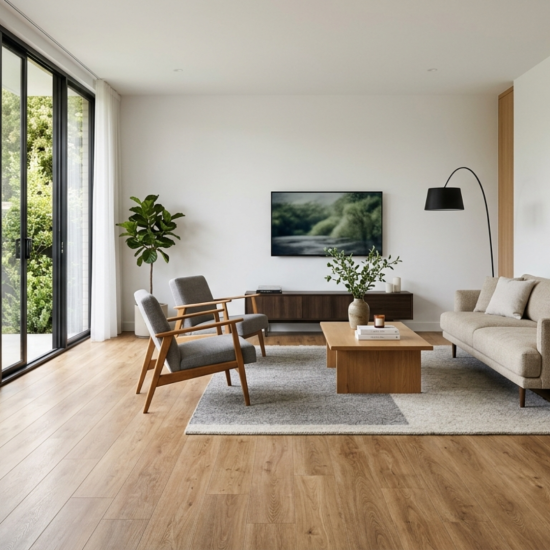 Modern living room with newly installed vinyl plank flooring and clean, polished surface