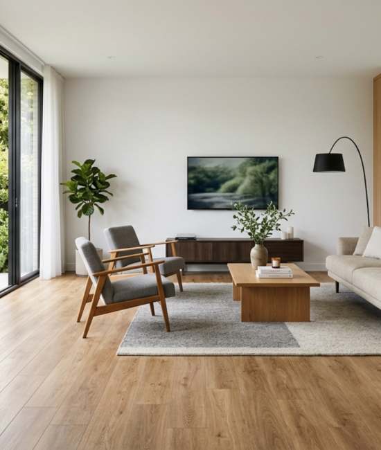 Modern living room with newly installed vinyl plank flooring and clean, polished surface