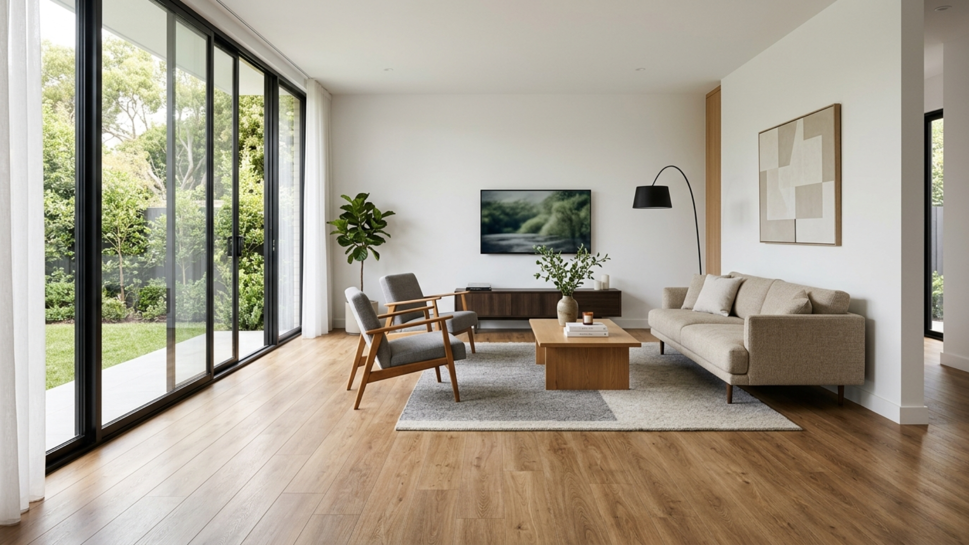 Modern living room with newly installed vinyl plank flooring and clean, polished surface