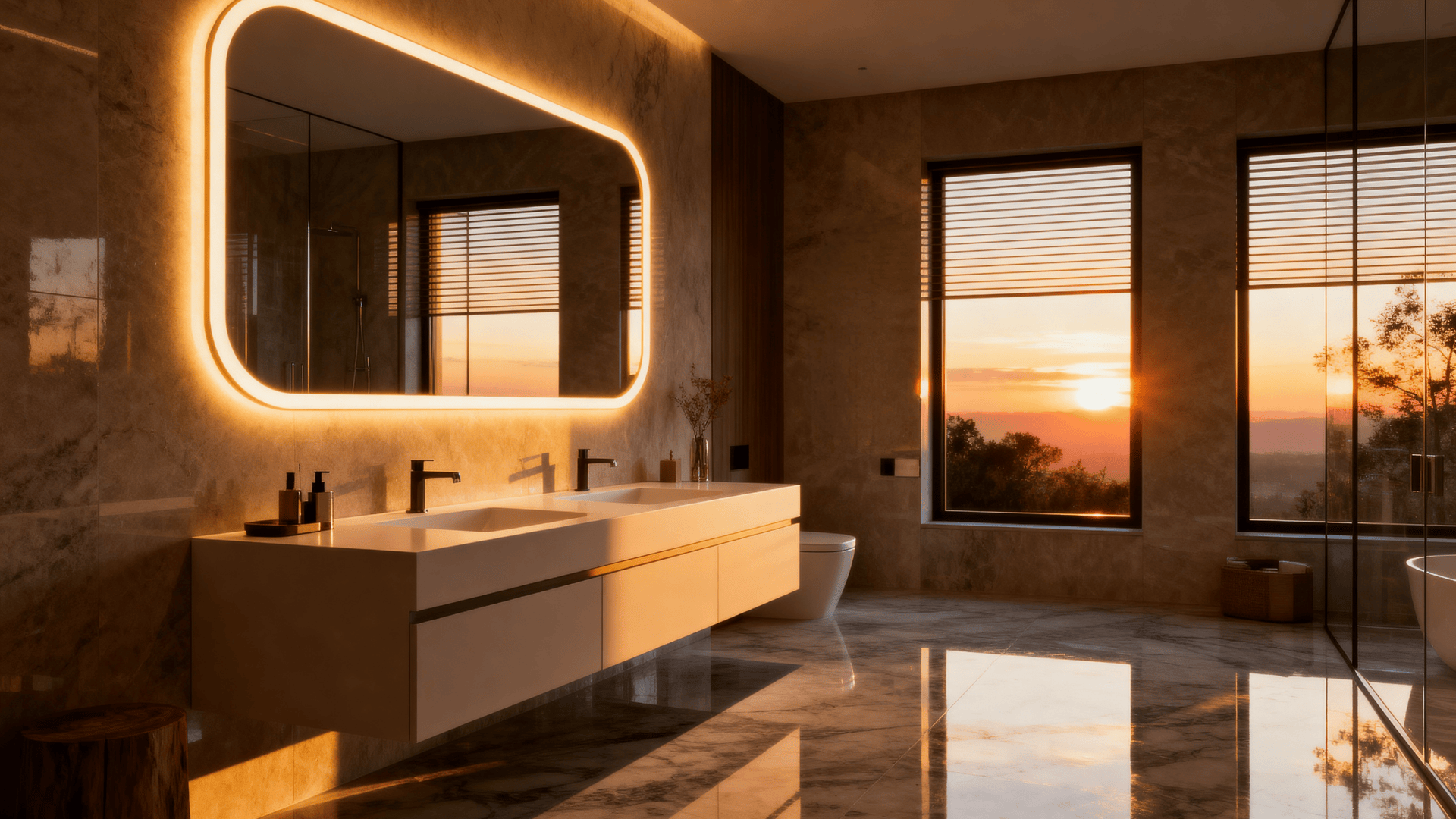 Modern luxury bathroom with backlit mirror, floating double vanity, warm sunset light, marble floors, and large windows creating a serene ambiance