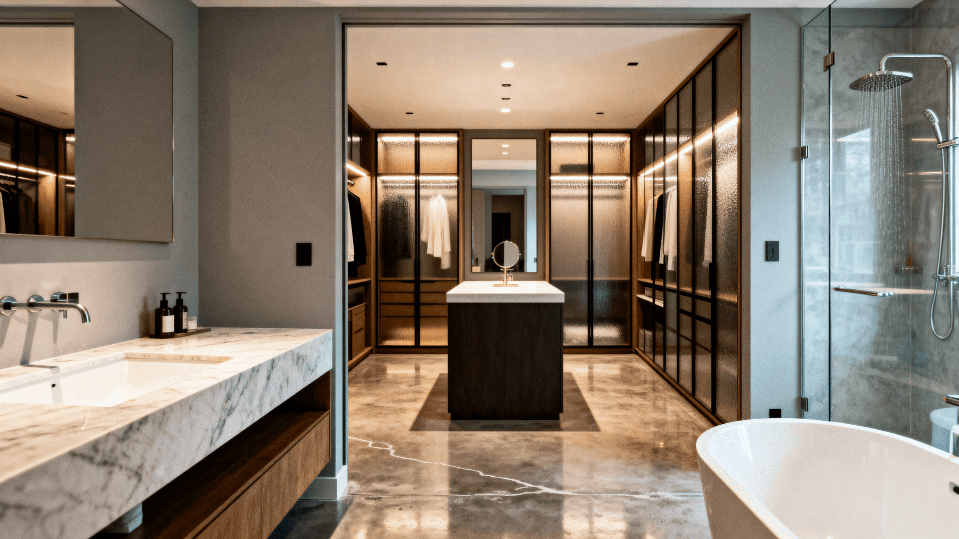 Modern luxury bathroom with marble vanity, glass shower, freestanding tub, and open walk-in closet with warm lighting and sleek finishes (1)