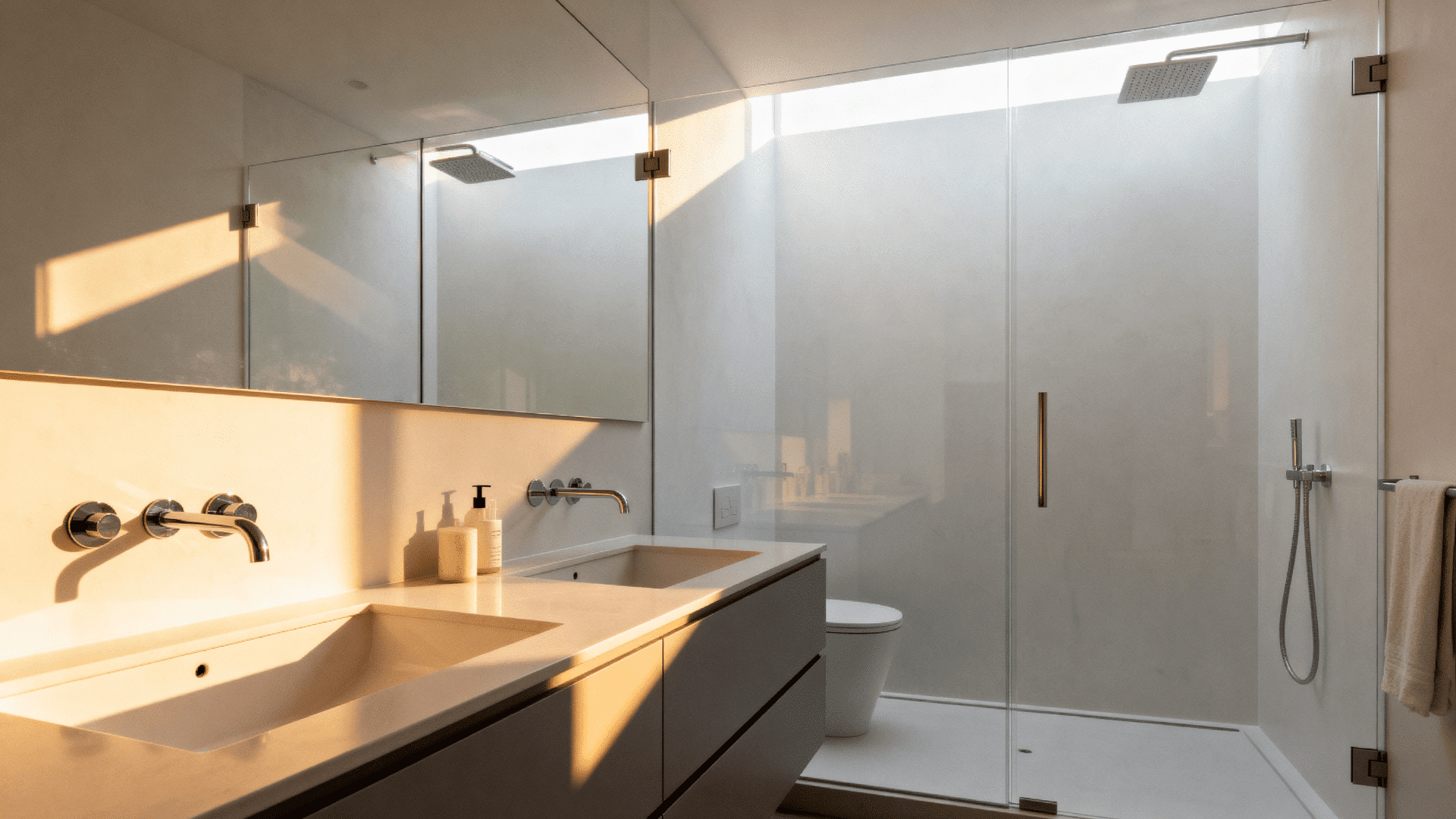 Modern minimalist bathroom with double sink vanity, wall-mounted faucets, glass shower, soft sunlight, neutral tones, and clean lines design feel
