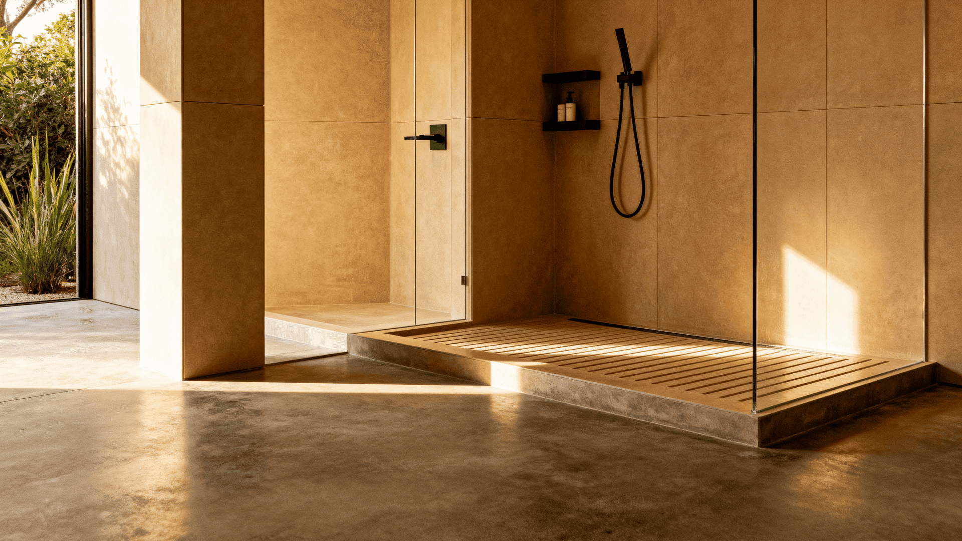 Modern wet room bathroom with walk-in glass shower, warm stone walls, minimal fixtures, natural light, and sleek open design layout
