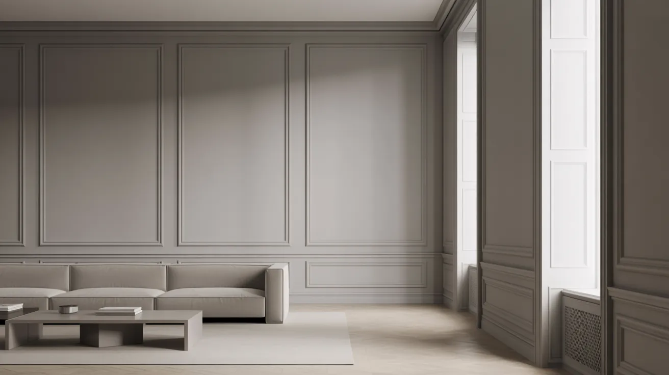 Monochromatic gray walls and trim in a minimal modern room