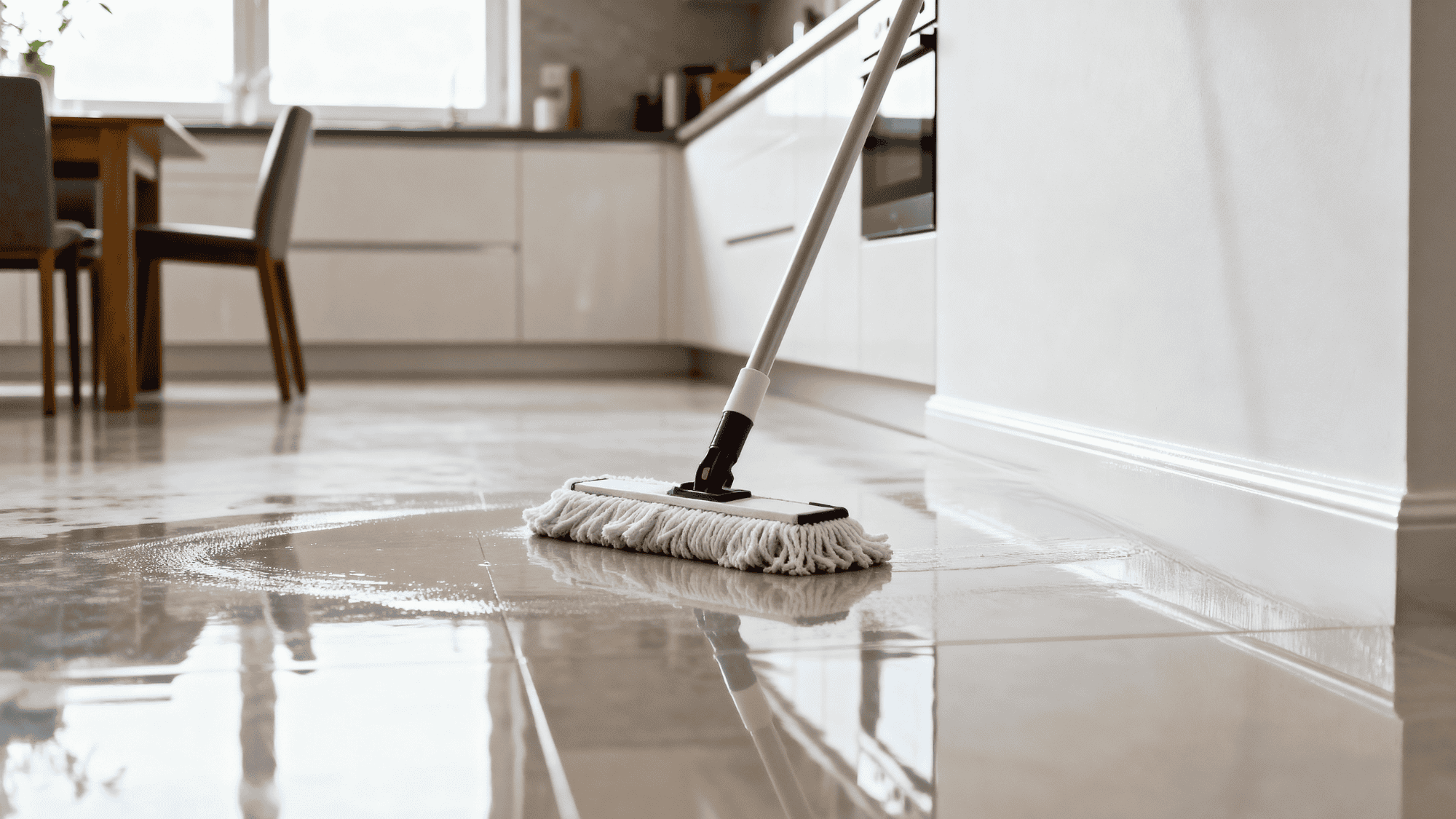 Mopping kitchen floor and cleaning baseboards