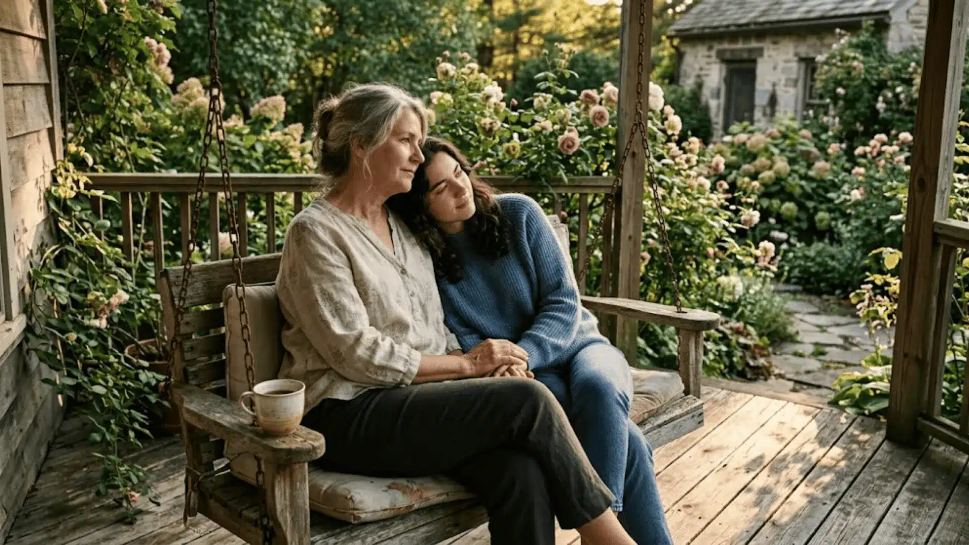 mother and daughter sharing a quiet moment on a porch swing in warm golden hour light
