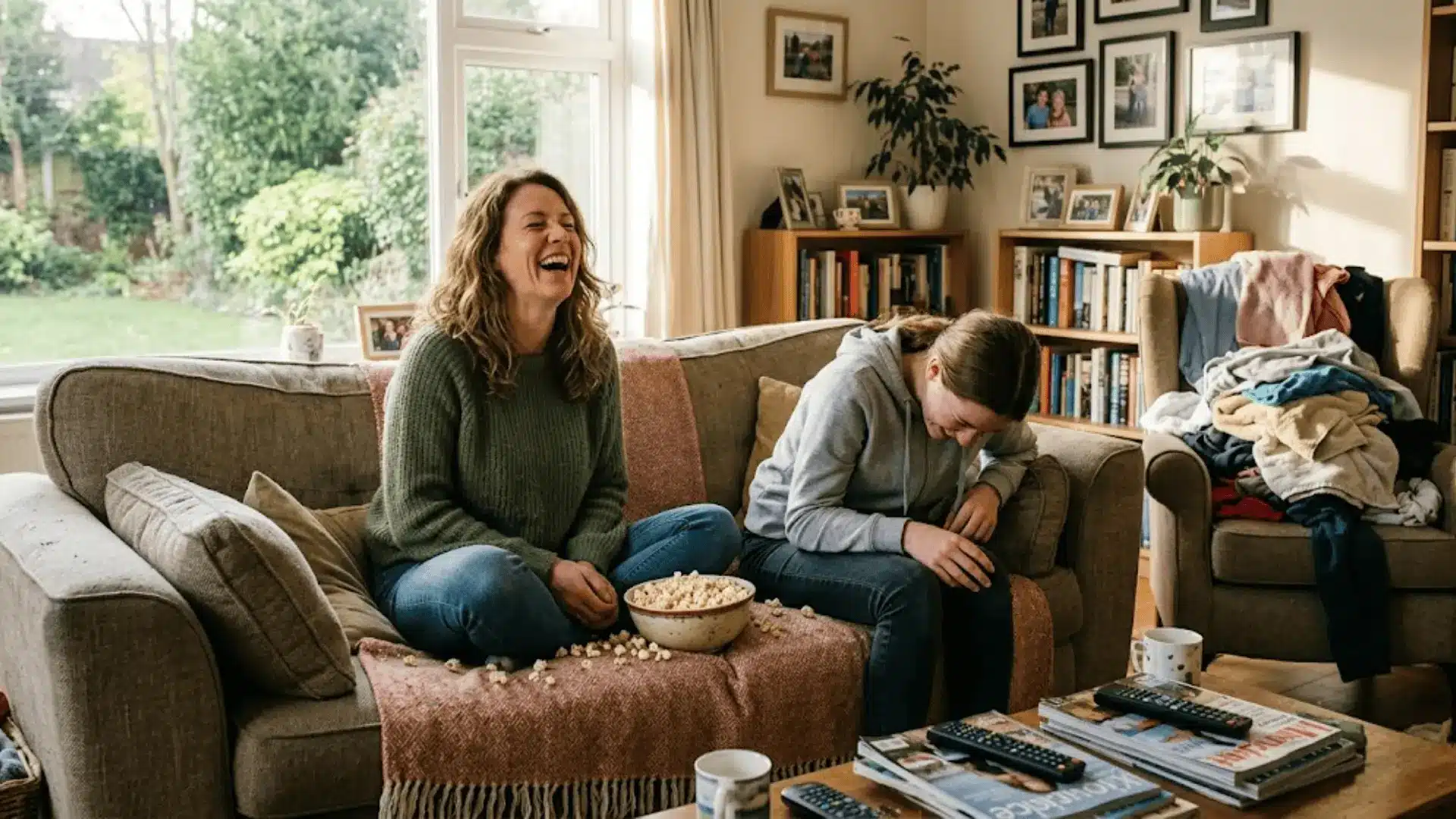 mother and teenager laughing together on a couch in a bright casual living room on a relaxed afternoon