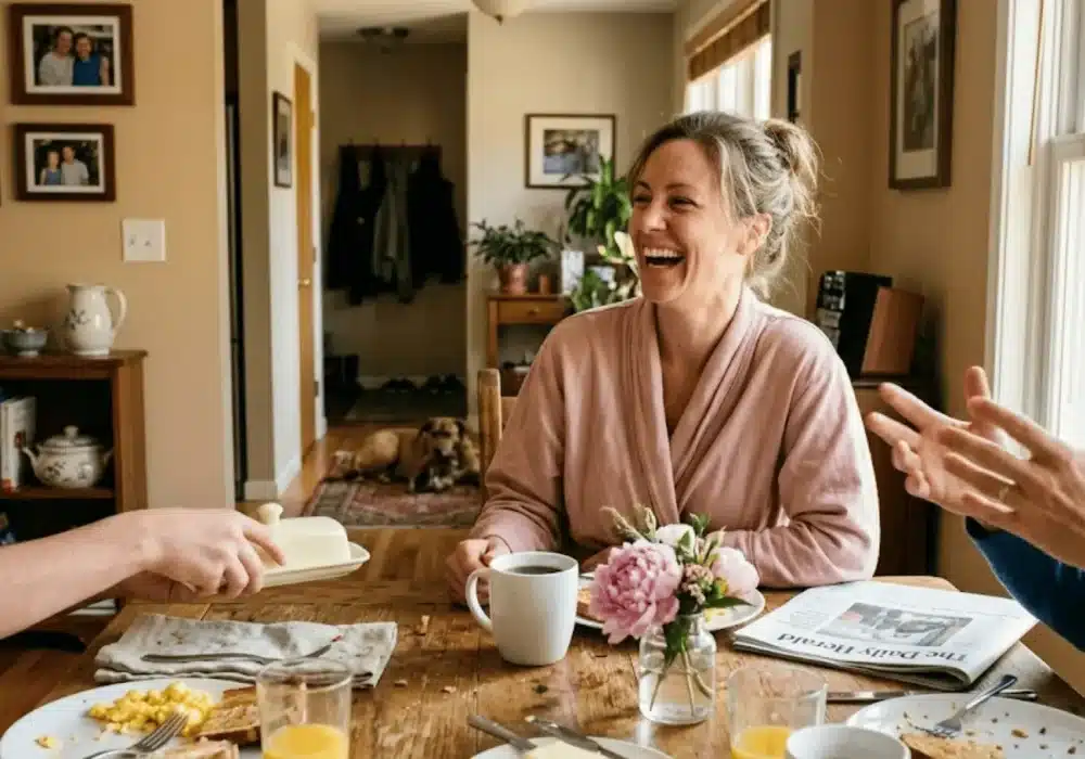 mother laughing at a sunny breakfast table in a blush robe with coffee fresh peonies and family around her