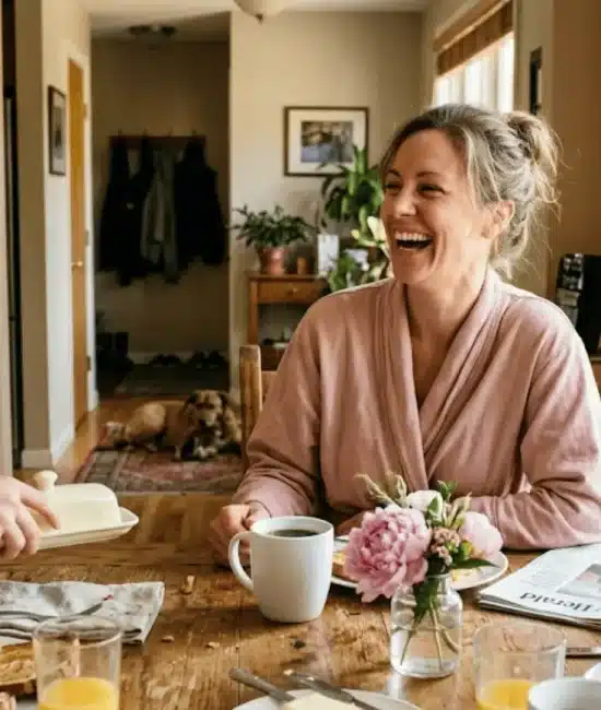 mother laughing at a sunny breakfast table in a blush robe with coffee fresh peonies and family around her