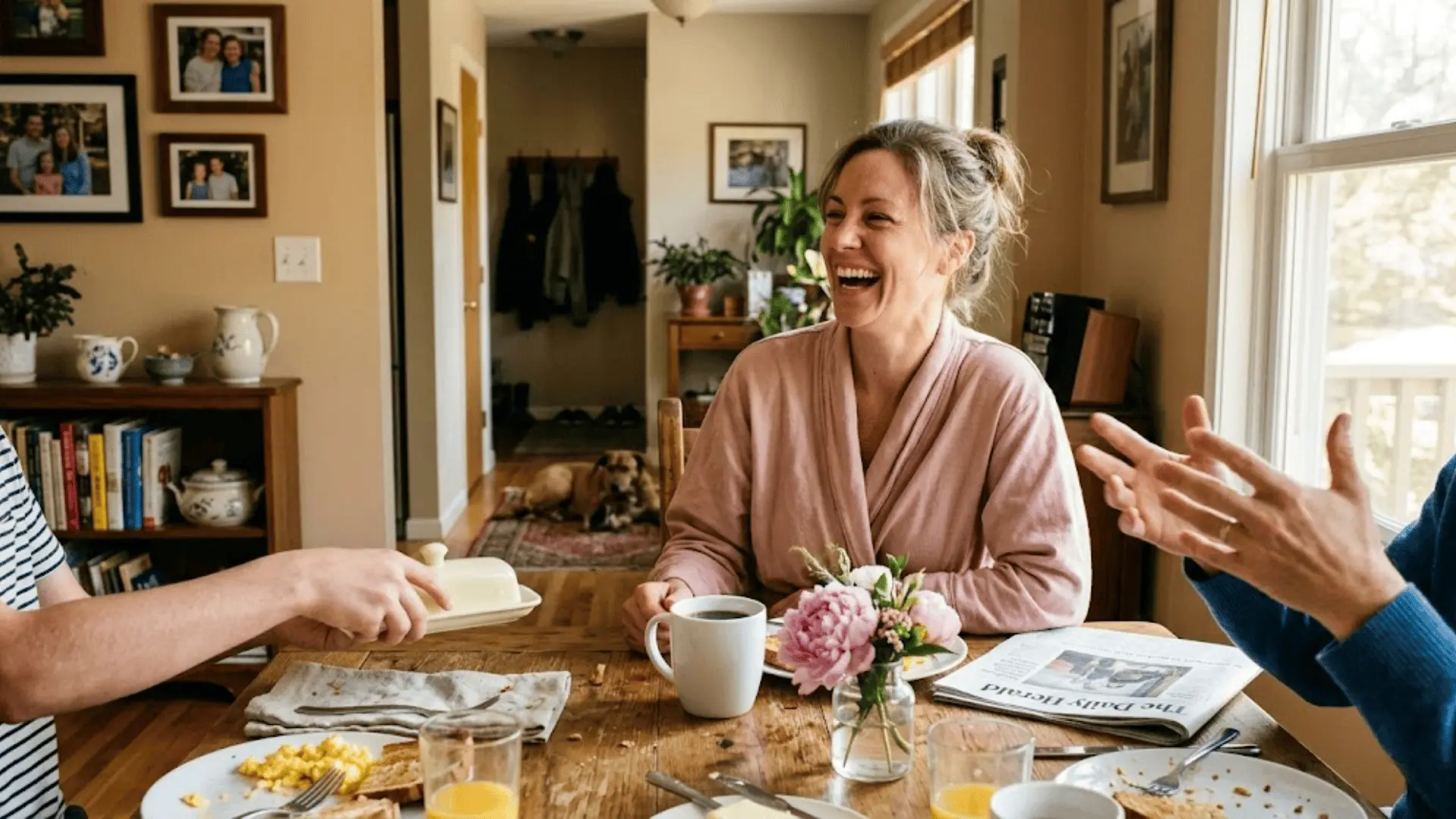 mother laughing at a sunny breakfast table in a blush robe with coffee fresh peonies and family around her