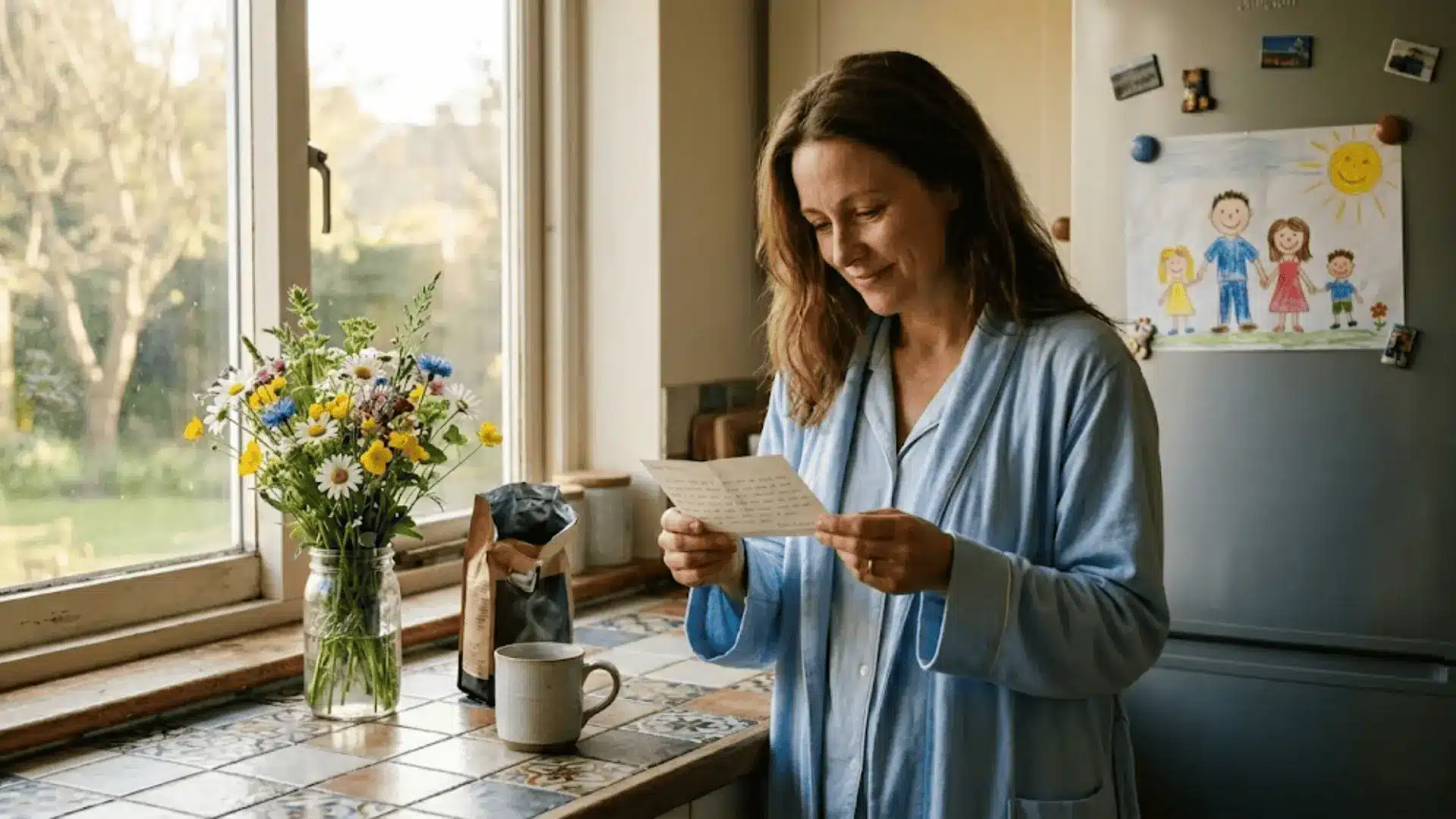mother reading a handwritten note in a warm sunlit kitchen on a quiet morning