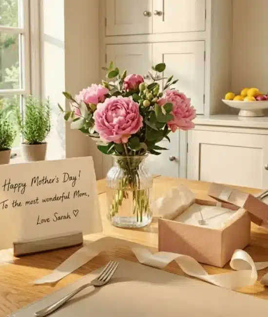 mother's day gift box with peonies, coffee mug, and handwritten card on oak table in warm morning kitchen