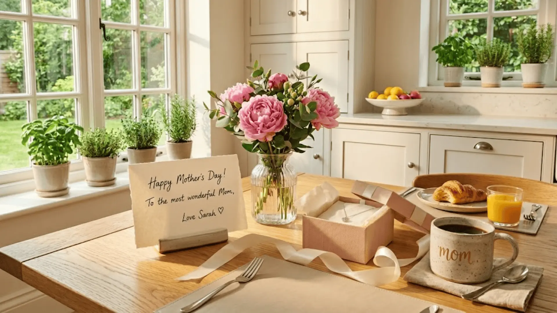 mother's day gift box with peonies, coffee mug, and handwritten card on oak table in warm morning kitchen