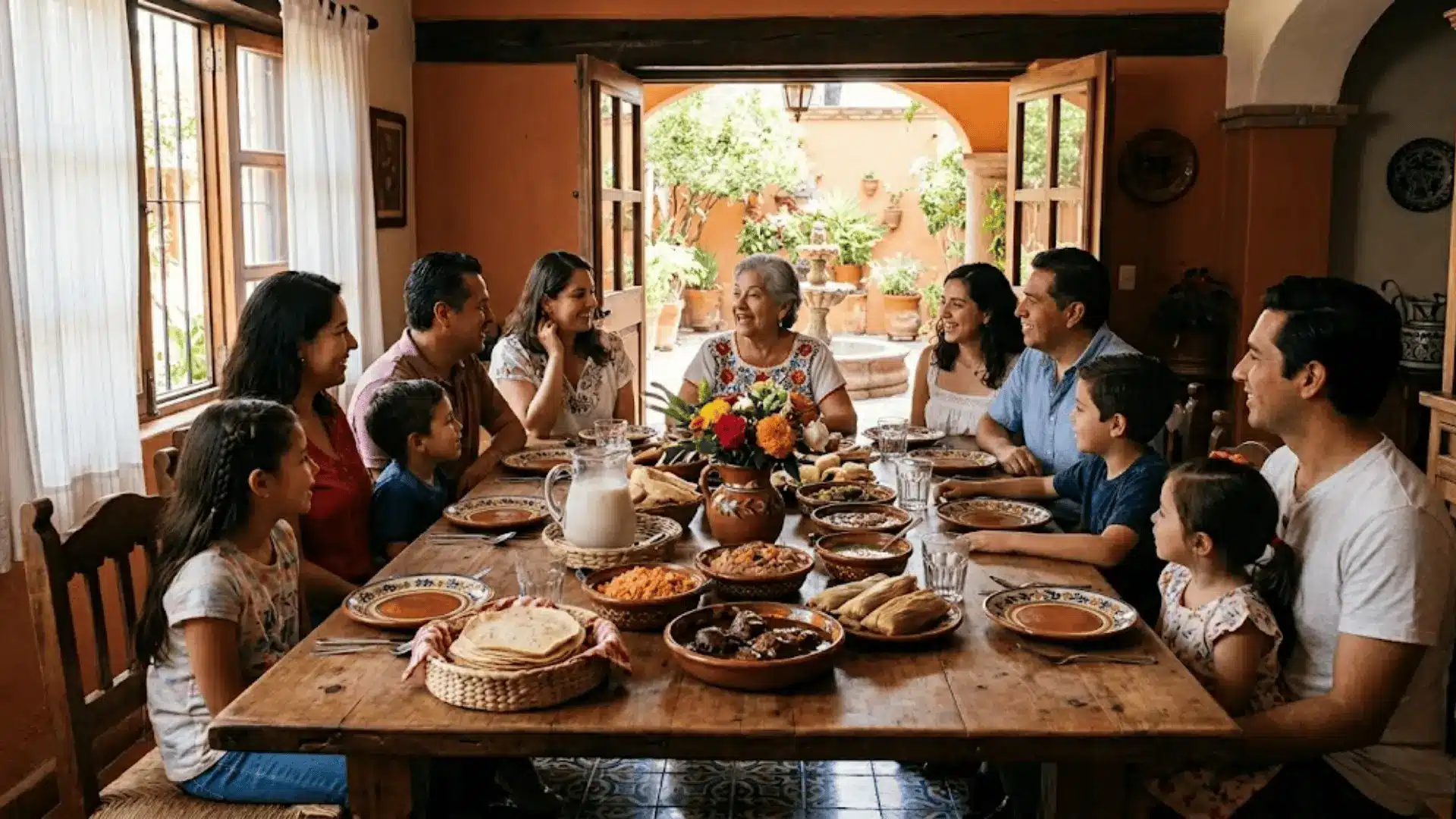 multigenerational mexican family gathered around a festive home dining table with traditional food and fresh flowers