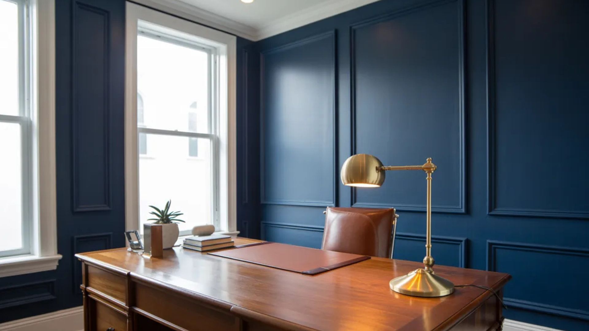Navy blue walls with white trim in a home office