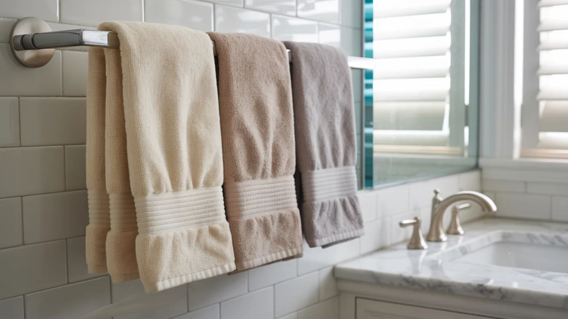neatly arranged matching towel set in bathroom creating a cohesive organized look with soft neutral colors