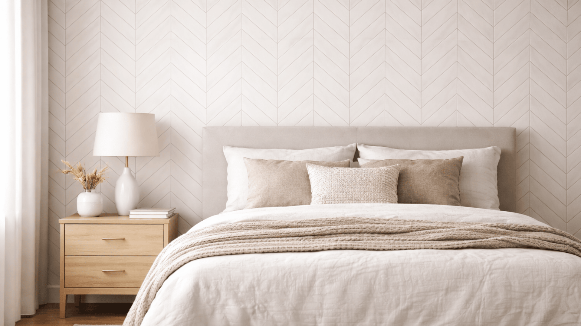Neutral bedroom with soft herringbone wall pattern, minimal decor, light wood furniture, and cozy textured bedding in warm natural light