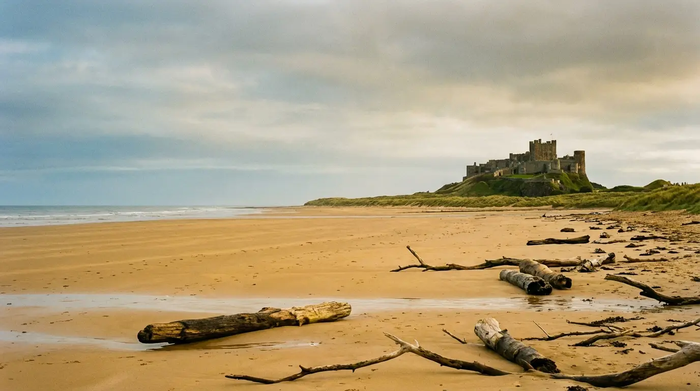 Castle on grassy hill overlooking sandy beach with scattered driftwood under cloudy sky