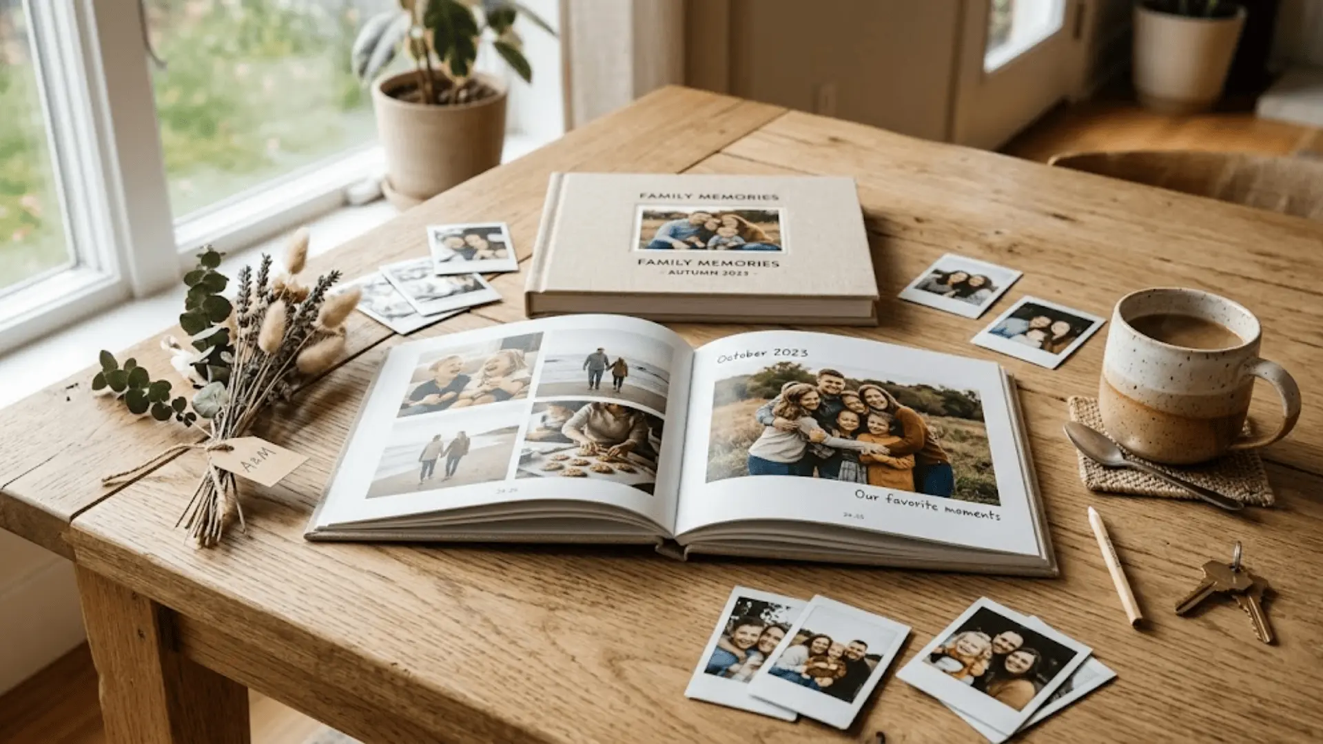 open custom photo book on oak table with polaroids, dried flowers, and a coffee mug in warm morning light
