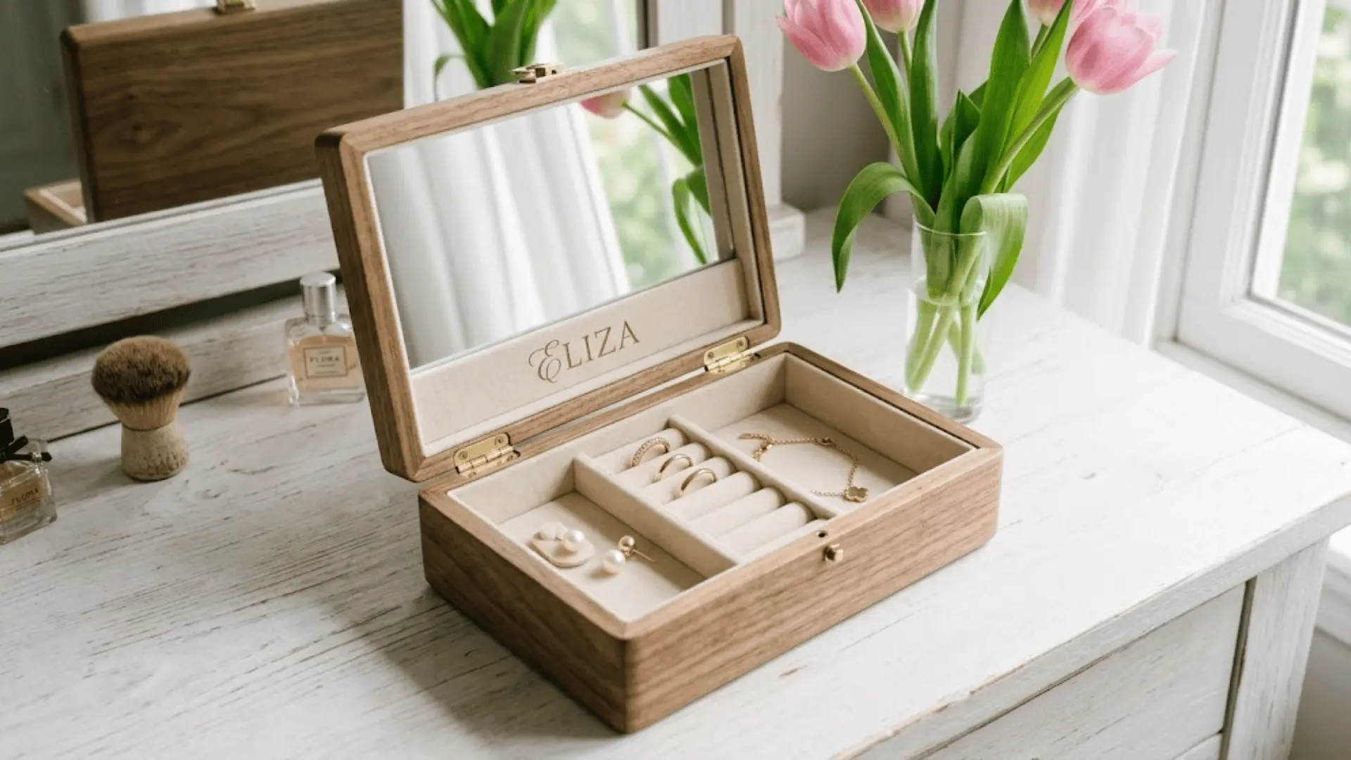 open engraved walnut jewelry box on white vanity with gold rings, pearls, tulips, and soft daylight