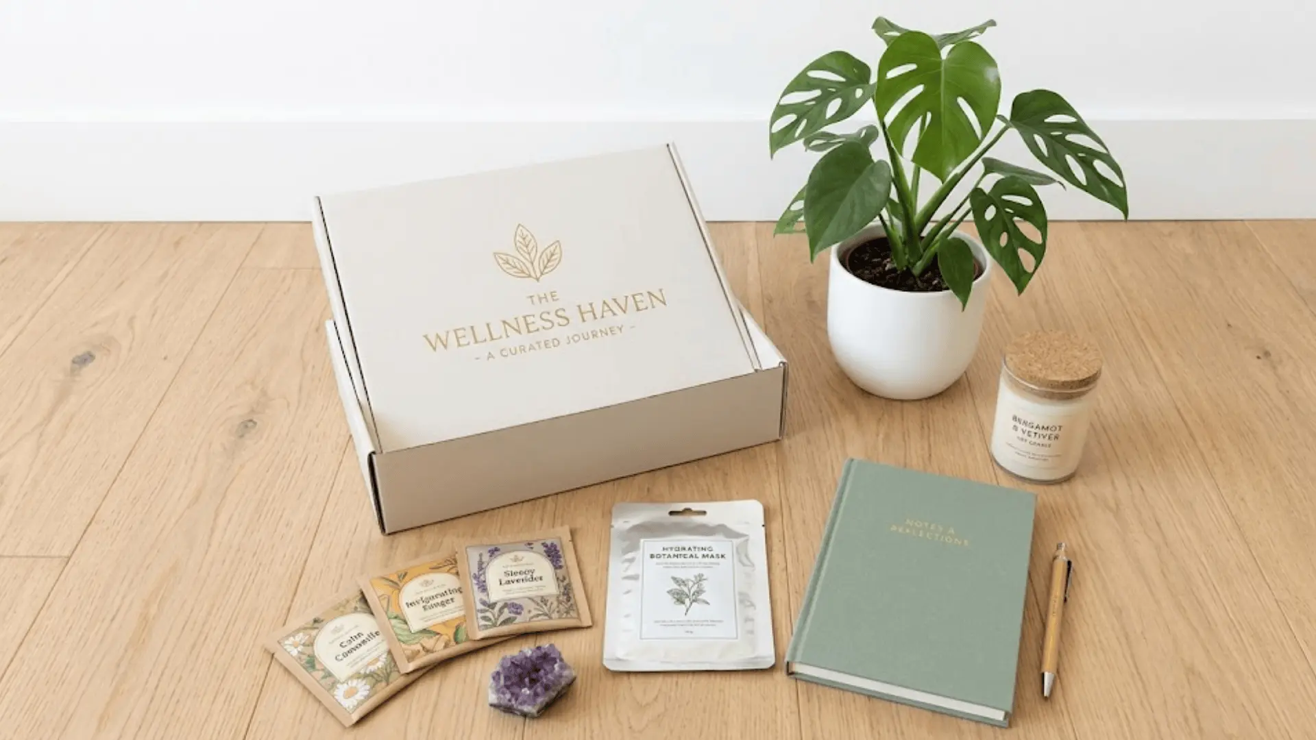 open wellness subscription box on light wood floor with tea, crystal, face mask, journal, and soy candle