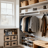 Organized entryway with hanging clothes, woven baskets, shoe storage, and a wooden bench beside a bright window in a modern home interior