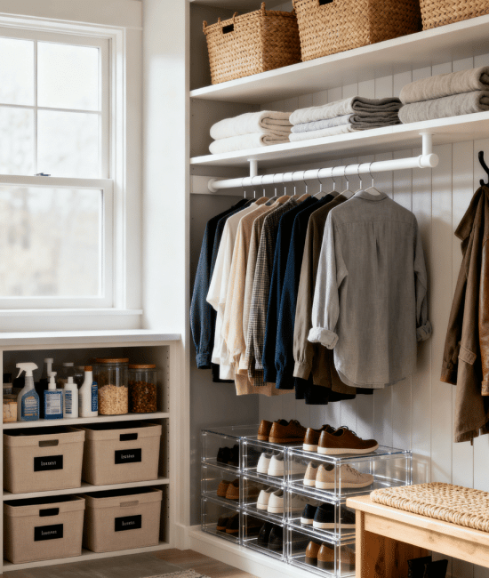 Organized entryway with hanging clothes, woven baskets, shoe storage, and a wooden bench beside a bright window in a modern home interior