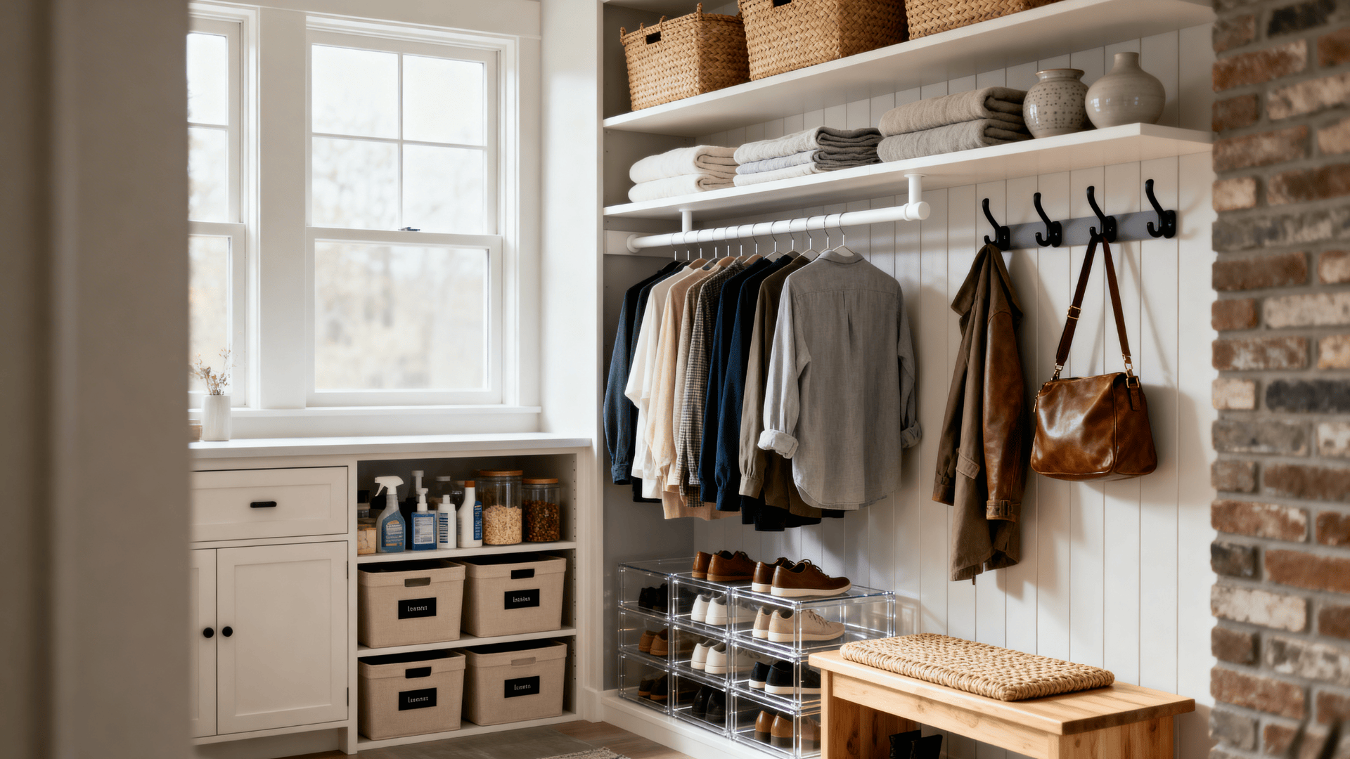 Organized entryway with hanging clothes, woven baskets, shoe storage, and a wooden bench beside a bright window in a modern home interior