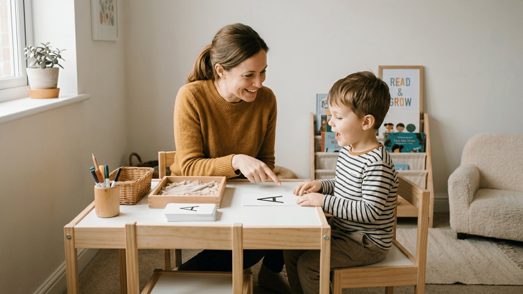 Parent teaching a child letters step by step using simple learning tools